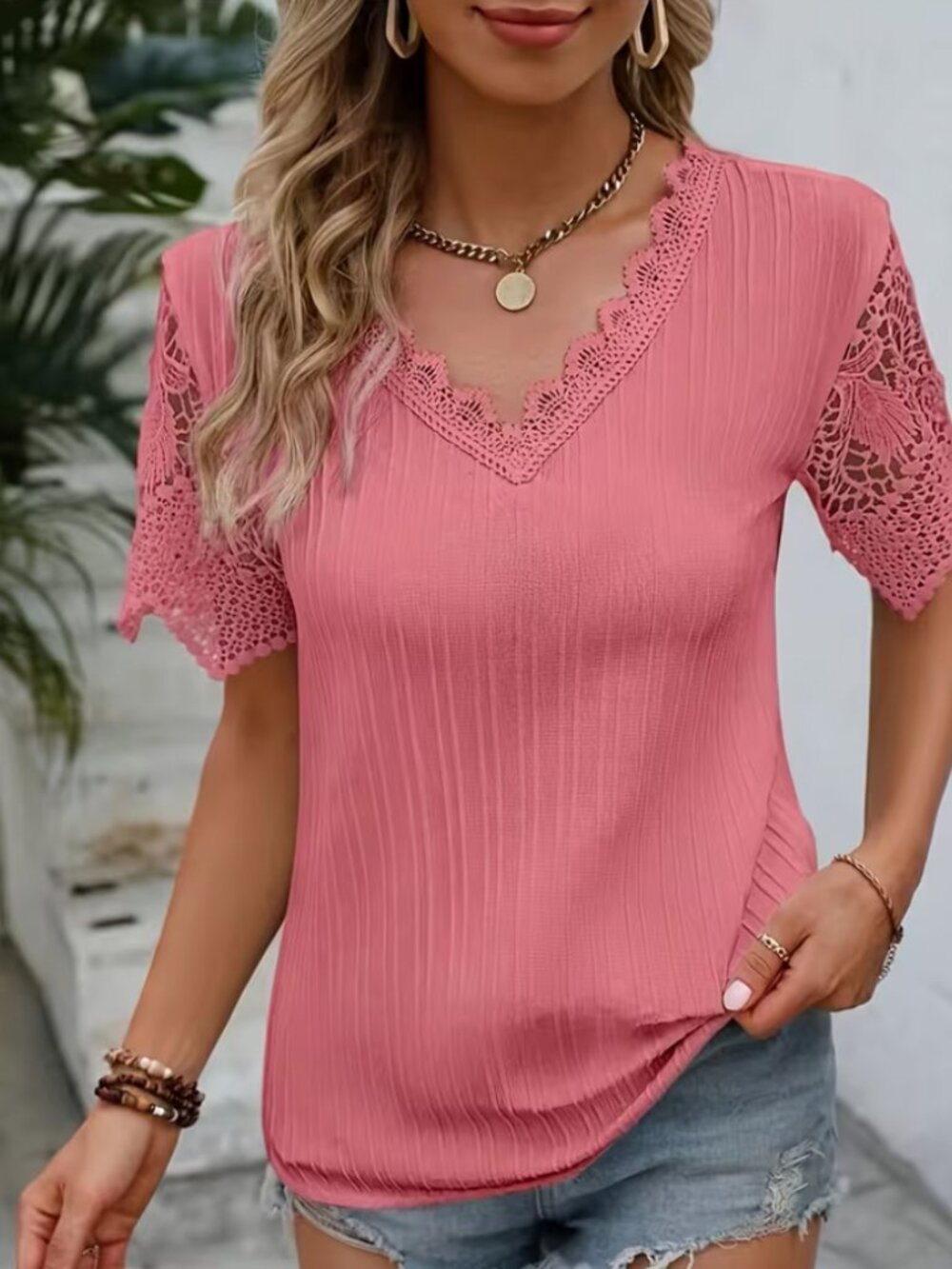 NEW Summer Top T-shirt Lace Short Sleeves Salmon Coral Colour size Medium